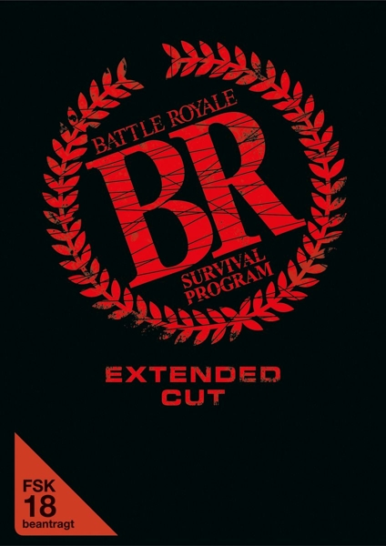 DVD-Hülle mit schwarzem Hintergrund und rotem Text, der Battle Royale Survival Program lautet.