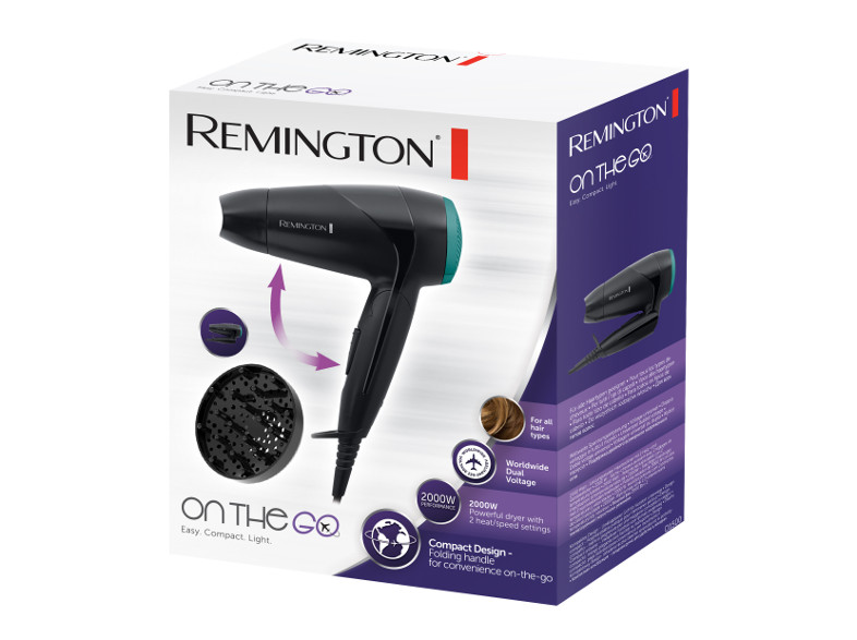 Remington hajszárító doboz, bal oldalon a hajszárító képével, a termék nevével és leírásával.