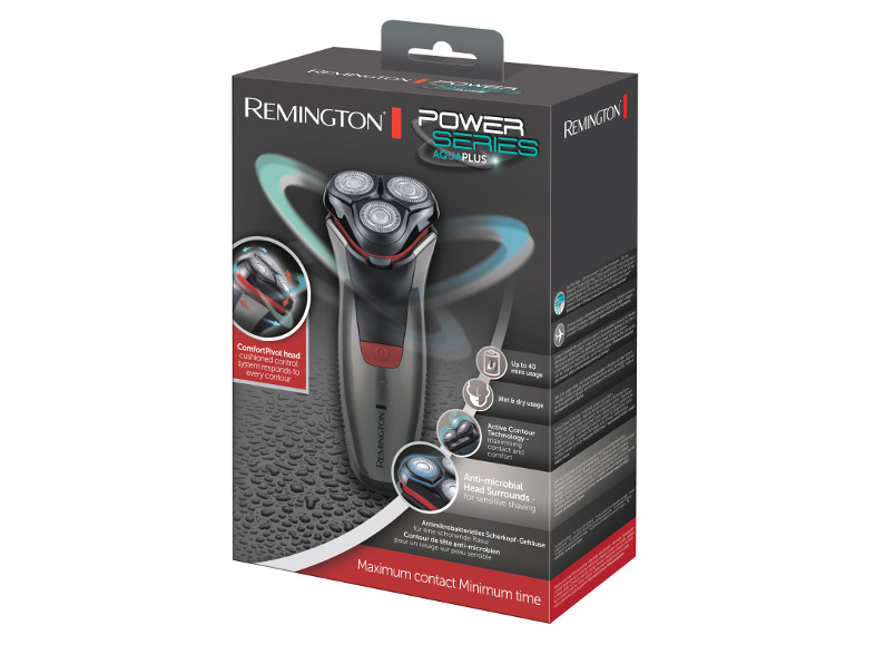 Remington borotva doboz. A borotva a funkciókról és előnyökről szóló szöveggel látható. Fehér háttér.