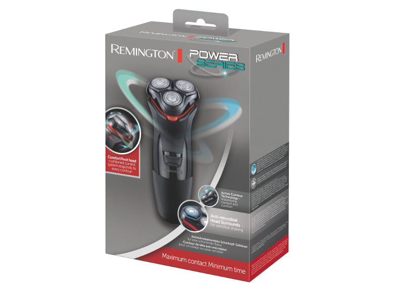 Remington Power Series borotva a dobozban. A doboz a borotvát és a funkciókat mutatja.