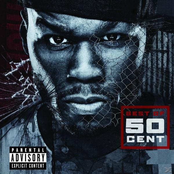 Albumcover: 50 Cent, Best Of. Nahaufnahme des Gesichts eines Mannes. Zerbrochenes Glas und Netz.