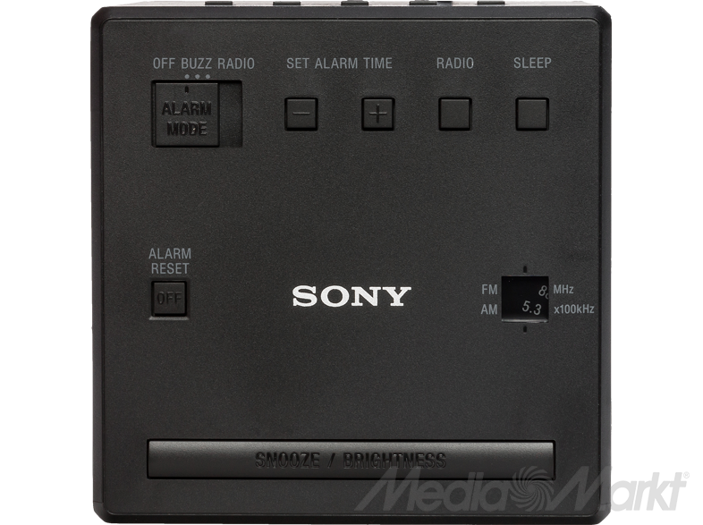 Fekete Sony ébresztőóra rádió, ébresztő és szundi gombokkal.