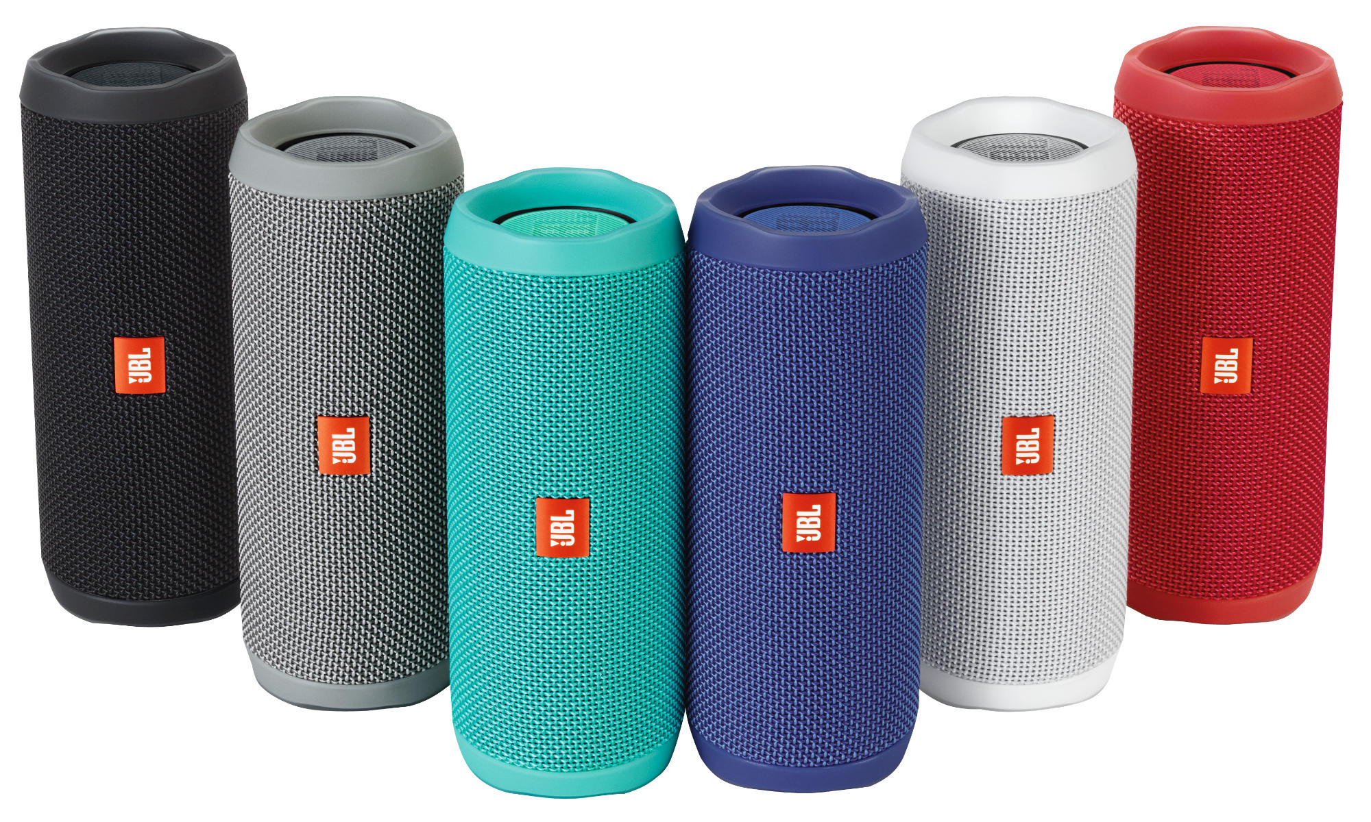 Seis altavoces portátiles JBL Flip 5. Los colores incluyen negro, gris, verde azulado, azul, blanco y rojo.