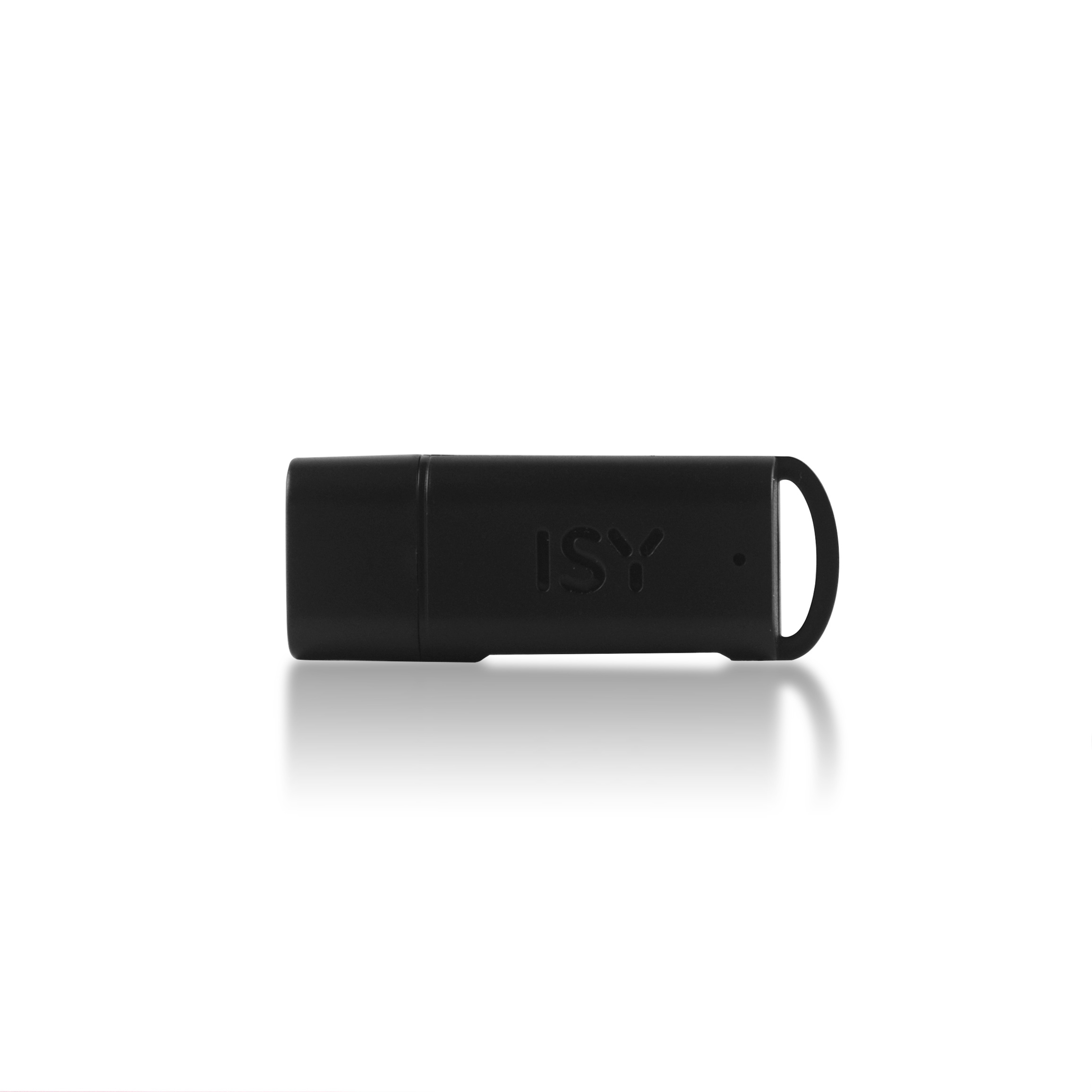Schwarzer USB-Stick mit dem Aufdruck 'ISY' auf weißem Hintergrund. Am Ende befindet sich eine Schlaufe.