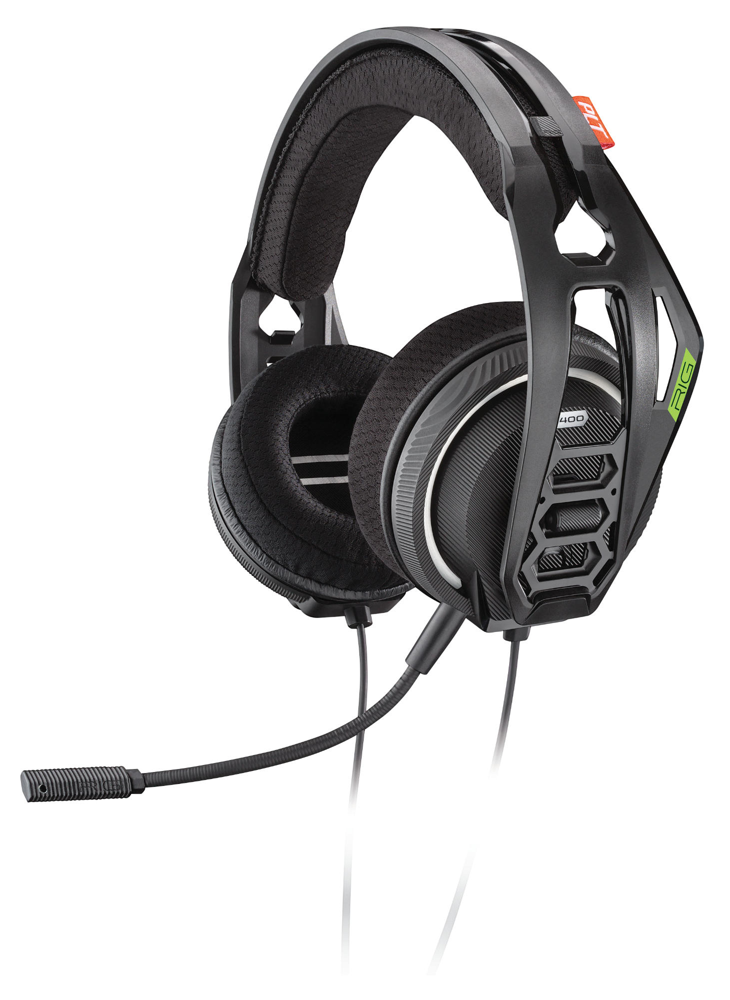 Czarne słuchawki dla graczy z mikrofonem. Słuchawki mają etykietę RIG 400. Tło jest białe.