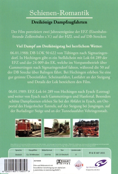 Rückseite einer DVD-Hülle mit deutschem Text über Zugfahrten. Bilder von Zügen und Gleisen sind enthalten.