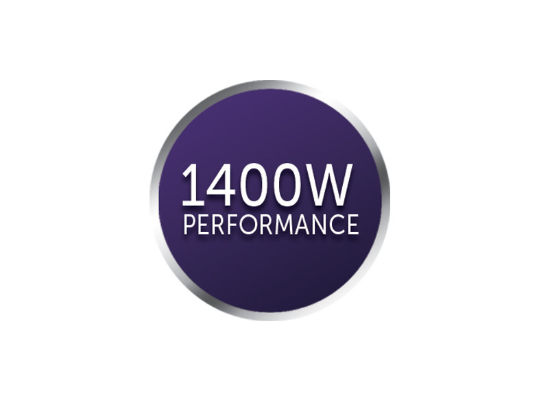 Egy lila kör fehér szöveggel: 1400W PERFORMANCE.