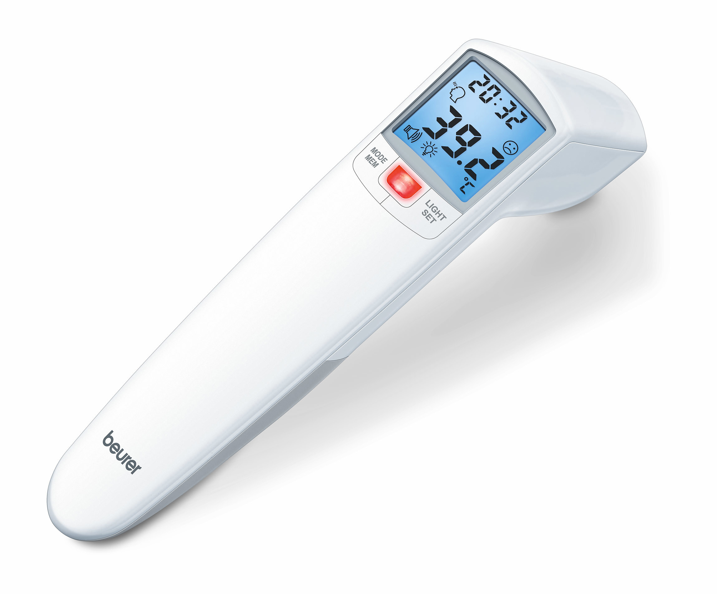Weißes Thermometer mit blauem Display, das Temperatur und Zeit anzeigt.