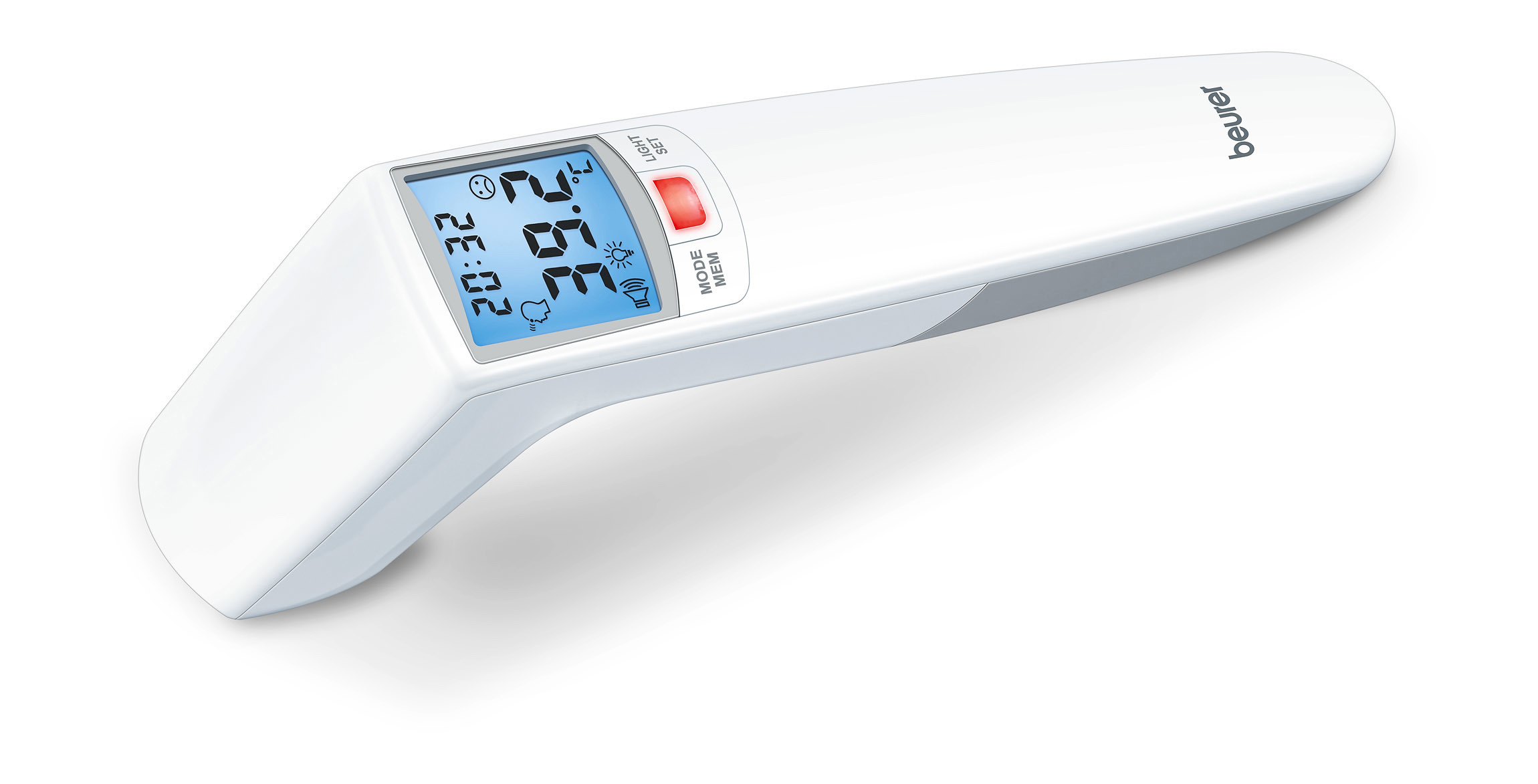 Ein weißes digitales Thermometer, das eine Temperatur und Zeit auf dem Bildschirm anzeigt.