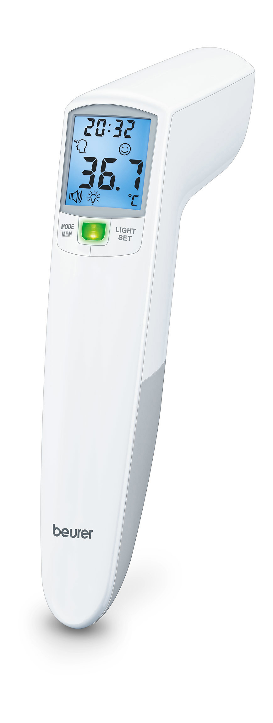Weißes Thermometer mit Temperatur- und Zeitanzeige, grünem Licht und digitaler Anzeige.