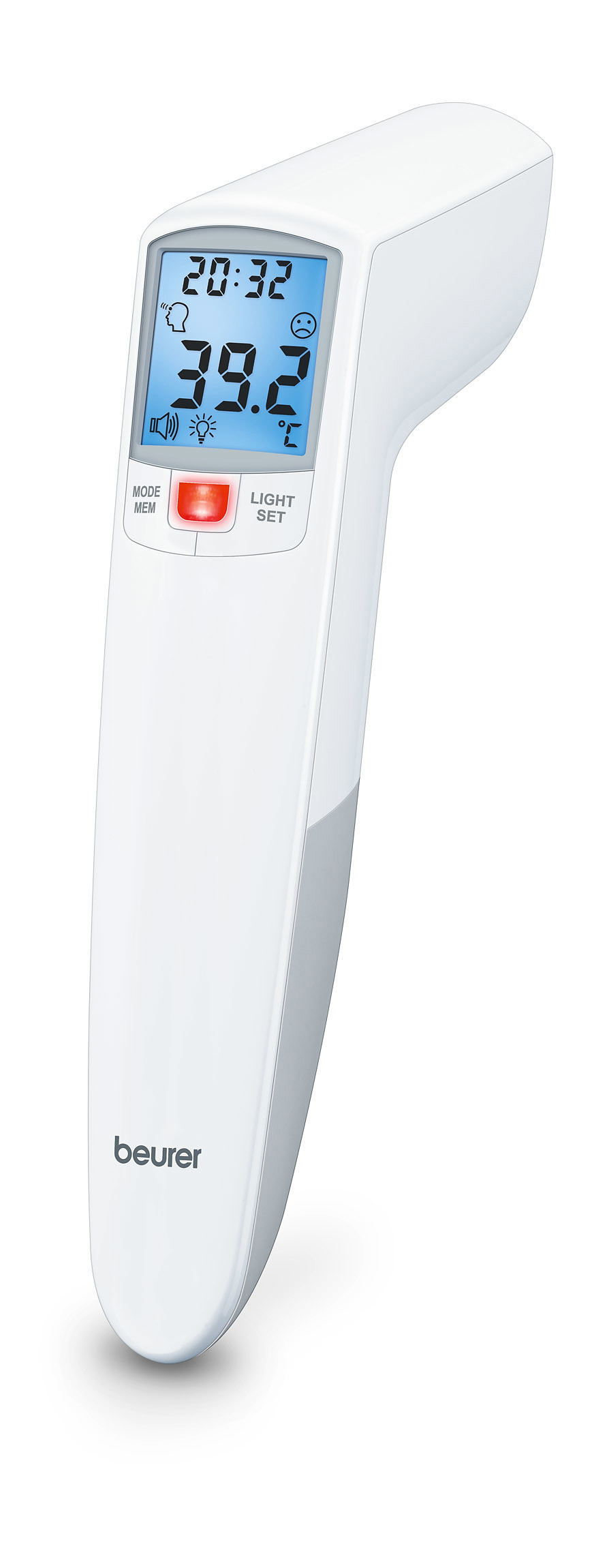 Ein weißes und graues digitales Thermometer mit einem Bildschirm, der eine Temperatur anzeigt.