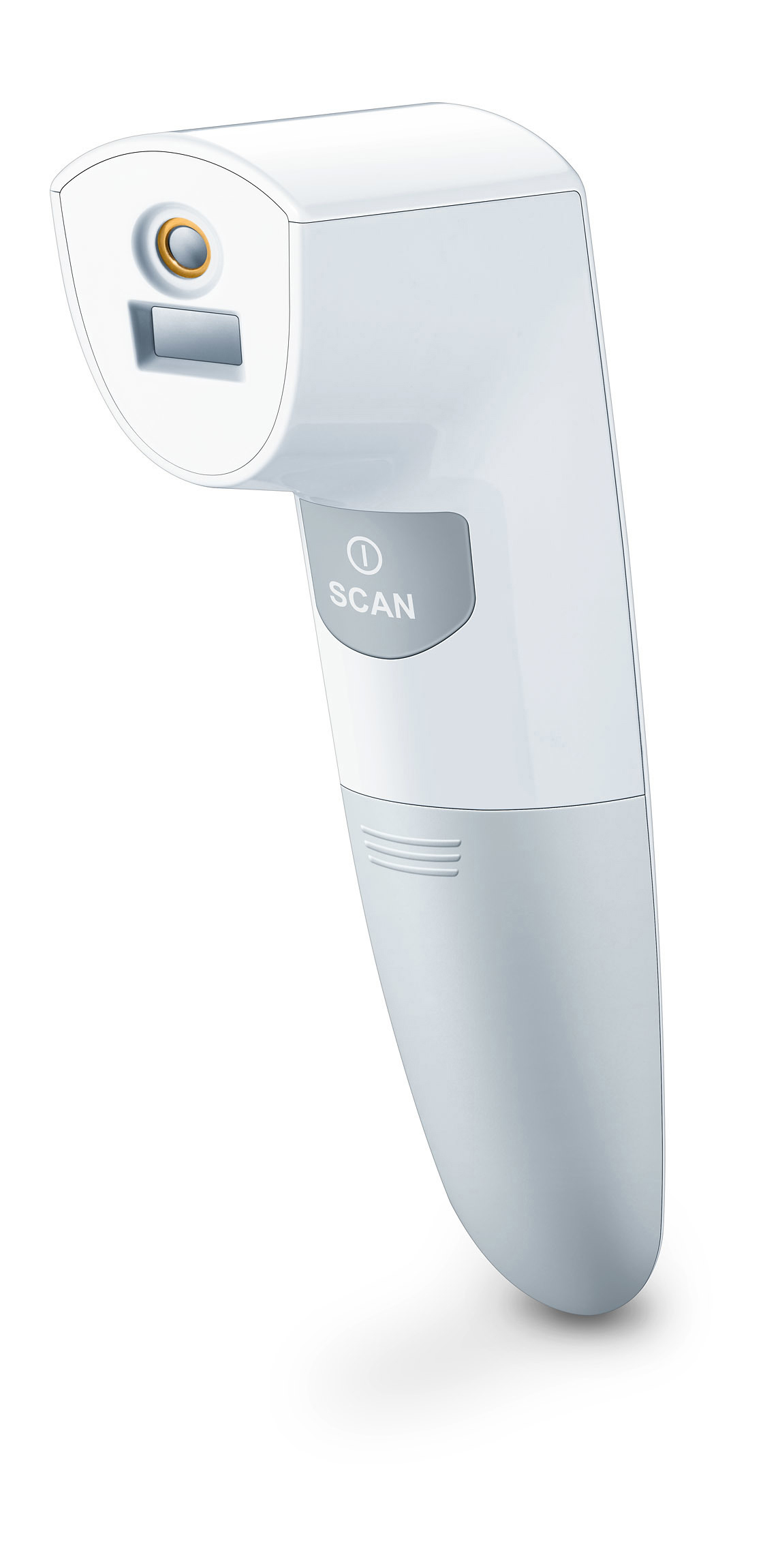 Weißes und graues Thermometer. Graue Taste mit 'SCAN'-Text. Sensor oben, abgewinkeltes Design, auf weißem Hintergrund.