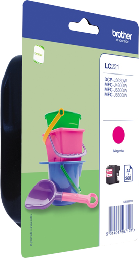 Emballage de cartouche d'encre. La boîte affiche des seaux jouets empilés et une cartouche d'encre magenta. Logo Brother visible.