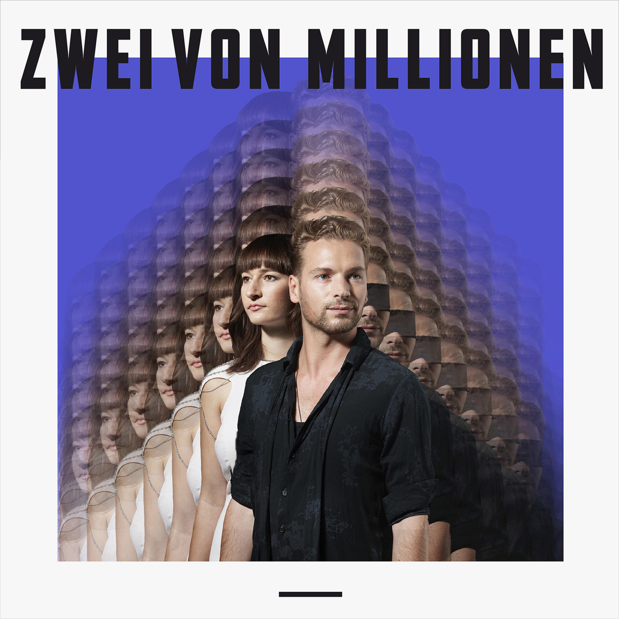 Albumcover mit zwei Personen mit wiederholten Gesichtern, auf blauem Hintergrund.