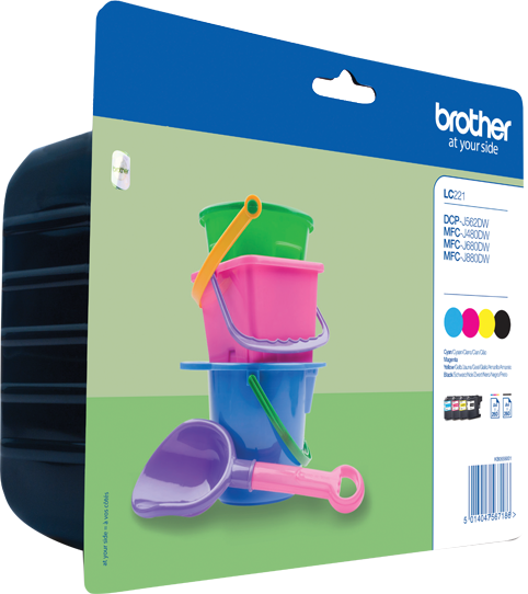 Emballage de cartouches d'encre Brother avec des seaux jouets colorés et une pelle.