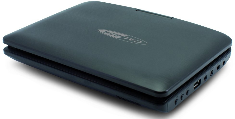 Ein geschlossener schwarzer Caliber DVD-Player. Es hat eine glänzende Oberfläche und Anschlüsse an der Seite.