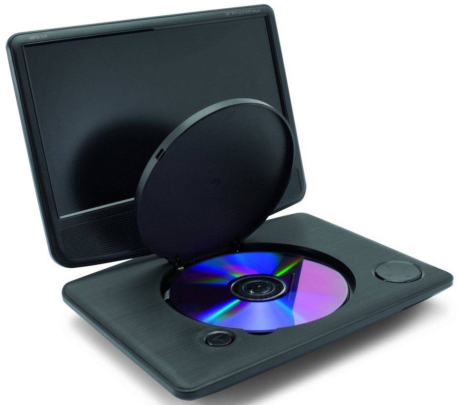 Tragbarer DVD-Player mit offenem Bildschirm. Schwarze Farbe. Disc im Inneren.