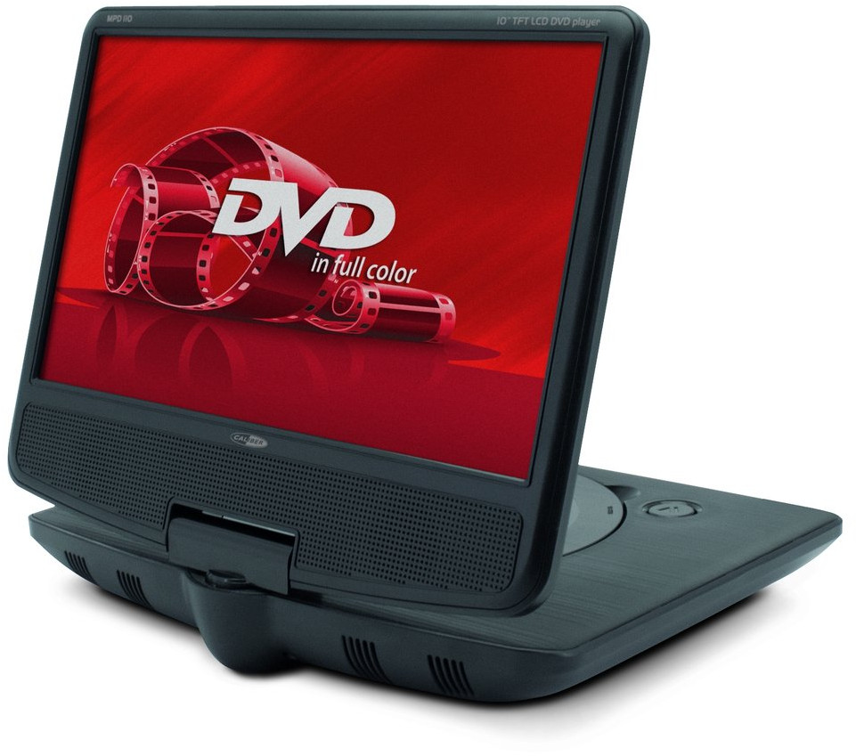 Ein tragbarer DVD-Player zeigt einen roten Bildschirm mit Filmrollen-Grafik.
