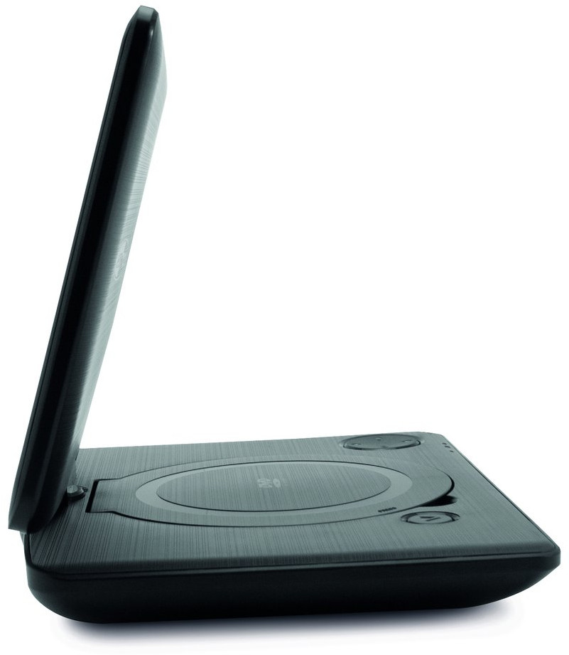 Schwarzer tragbarer DVD-Player, offen. Seitenansicht. Silberne Verkleidung. Weißer Hintergrund. Knöpfe und Display sichtbar.