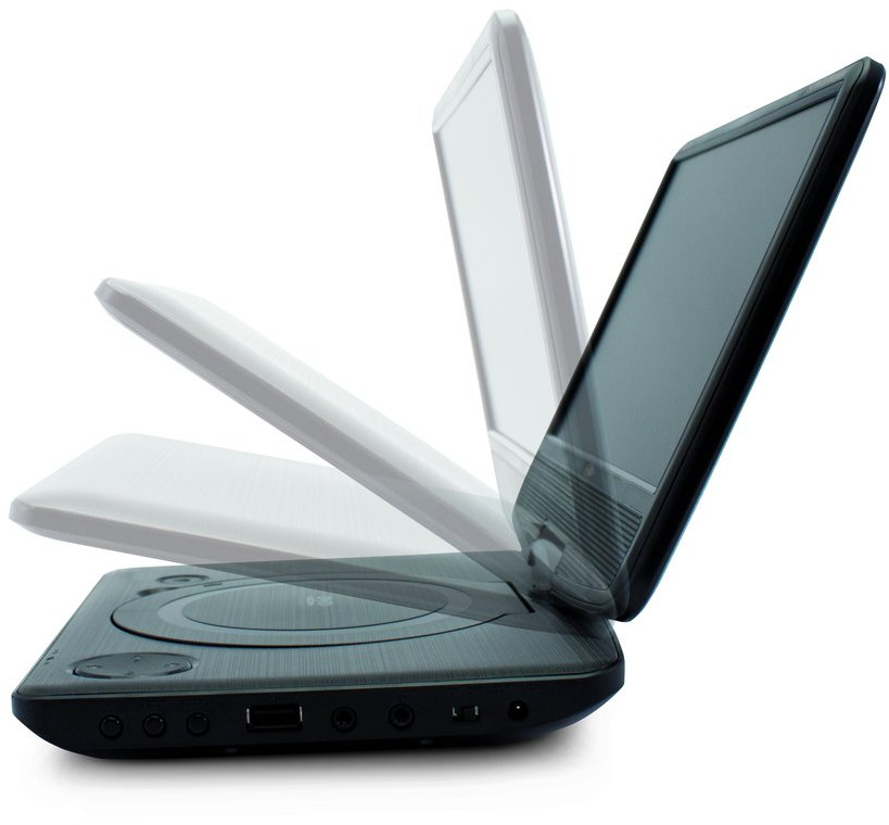 Tragbarer DVD-Player in Bewegung, zeigt das Öffnen des Bildschirms.