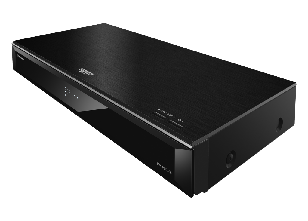 Schwarzer Panasonic Blu-ray Player. Silberne Akzente, mit Display und Knöpfen auf der Vorderseite.