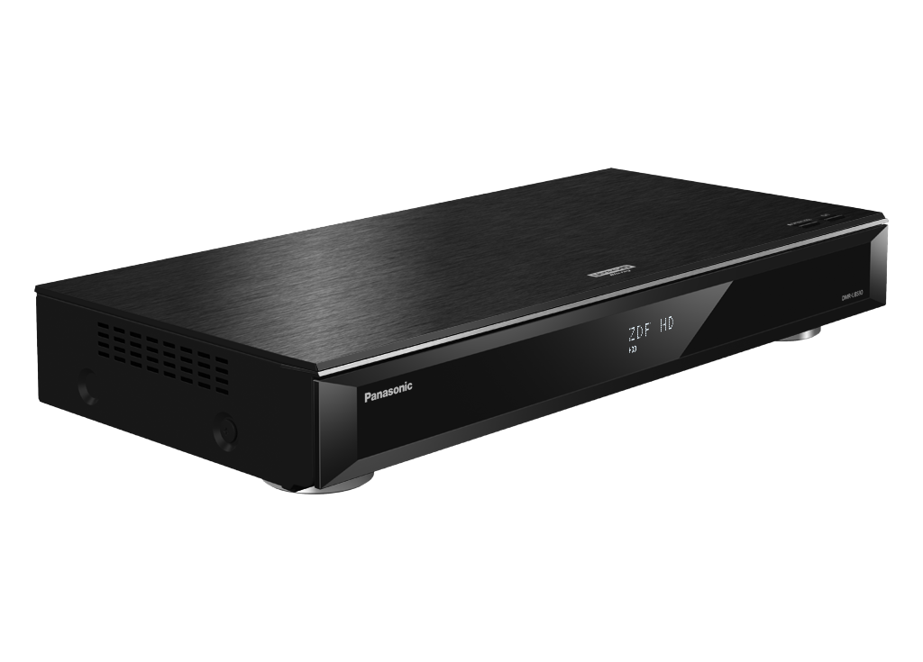 Schwarzer Panasonic Blu-ray-Player. Schlankes Design, mit Display. Ultra HD-Etikett.