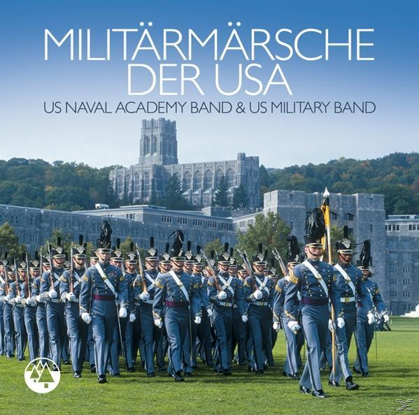 Cover des Albums 'Militärmärsche der USA' mit Marschkapelle und Gebäude.