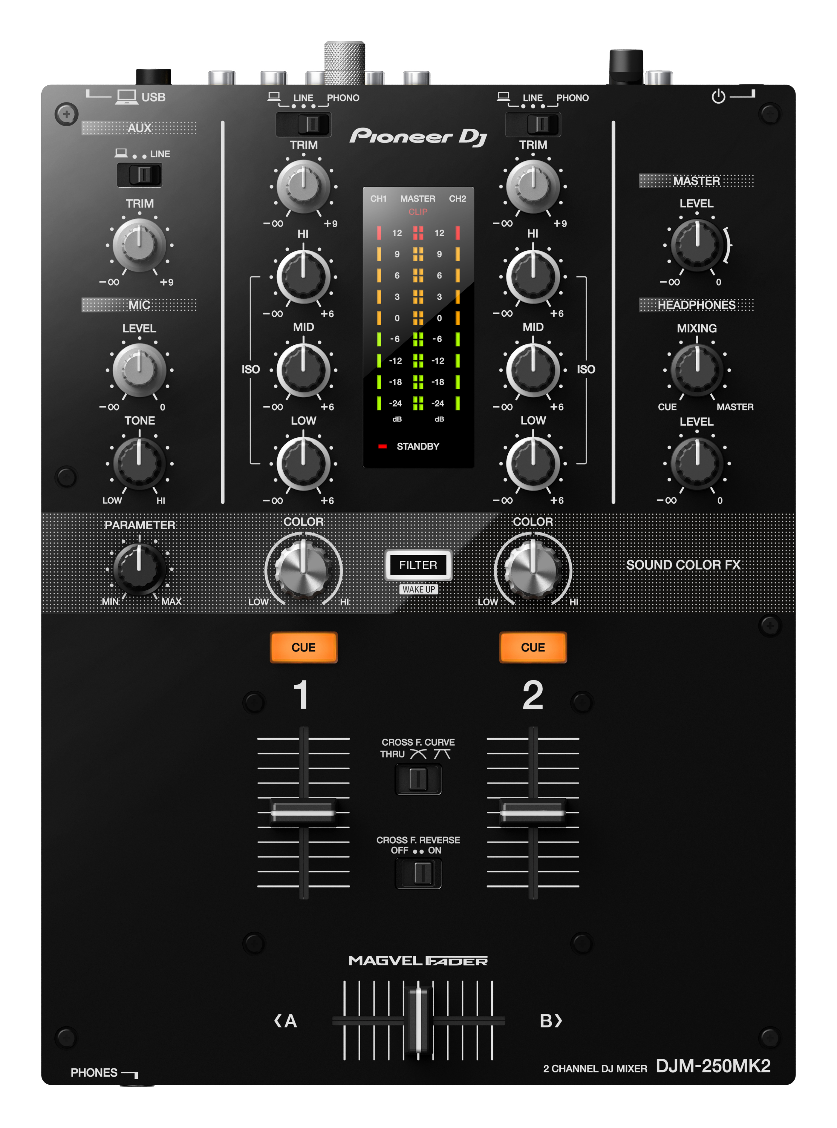 DJ-Mixer, schwarz, mit Knöpfen, Schiebereglern und Funktionen.