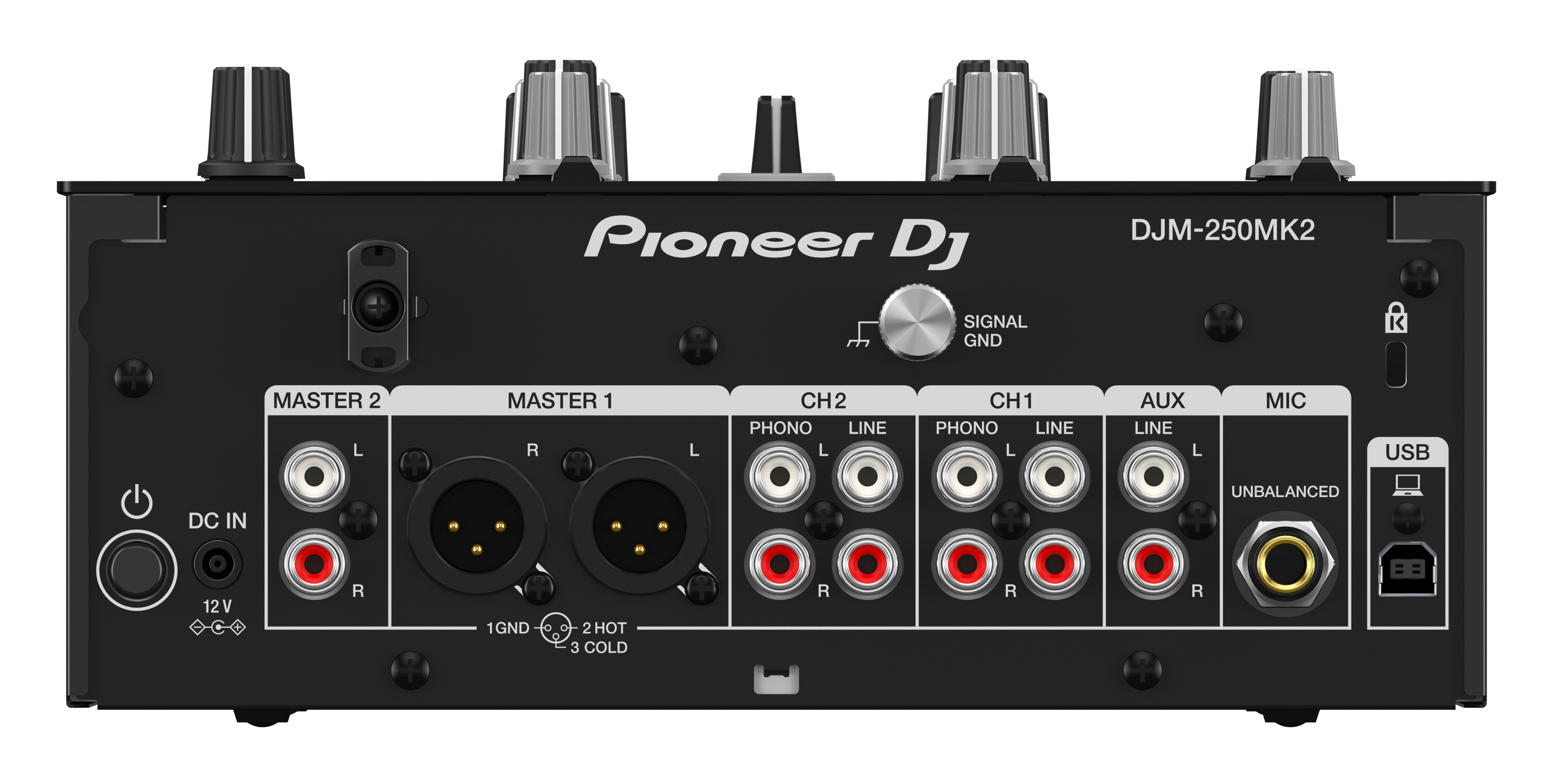 Schwarzer DJ-Mixer mit verschiedenen Ein- und Ausgängen und Drehknöpfen.