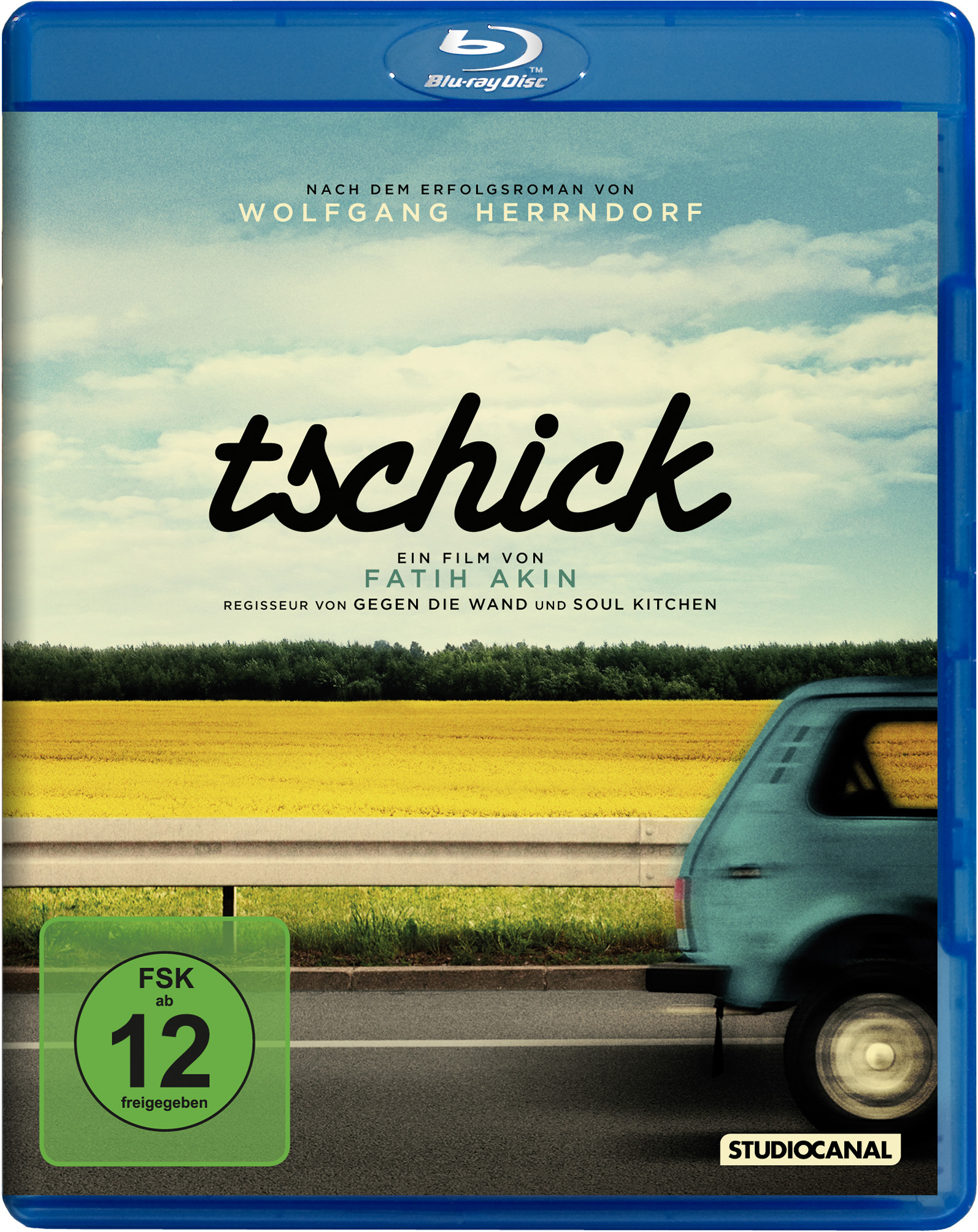 Blu-ray-Disc-Cover mit Filmtitel, Auto auf der Straße und Feld.
