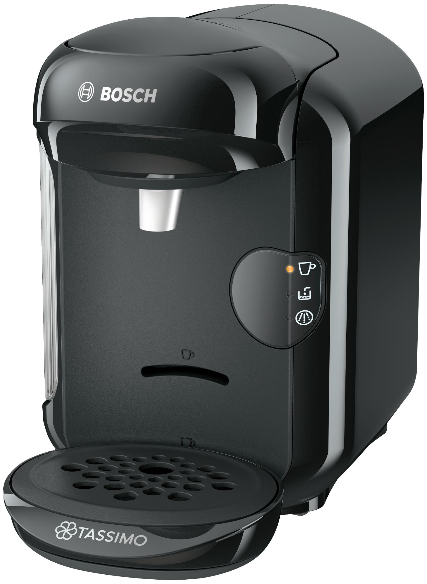 Eine schwarze Tassimo-Kaffeemaschine. Mit Bosch-Logo und kleinem Tassenhalter.