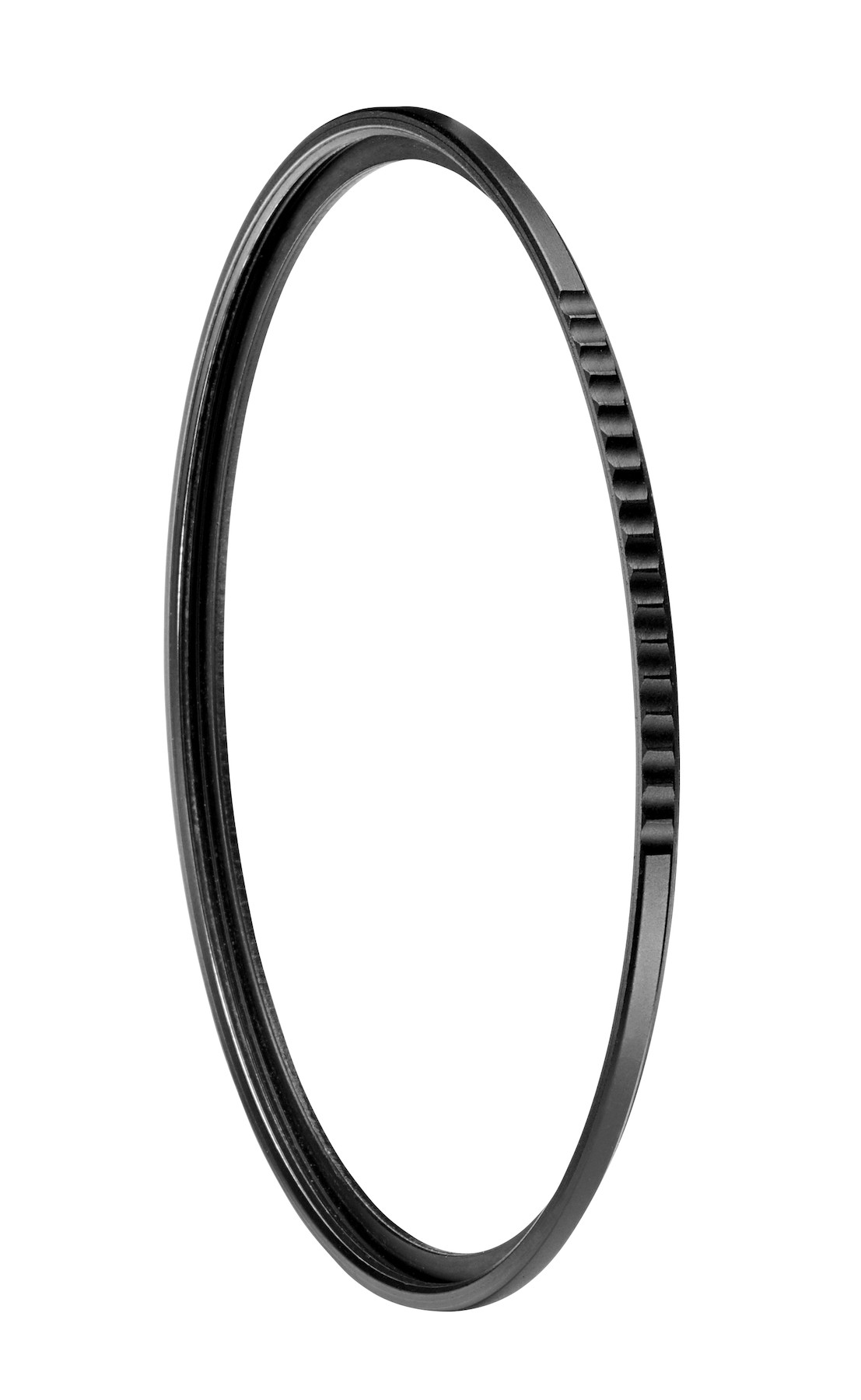 A black, circular metal ring, with a grooved section. White background.