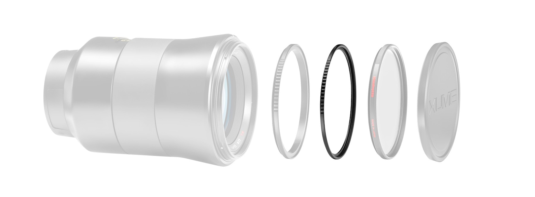 Camera lens components disassembled and arranged against a white backdrop.