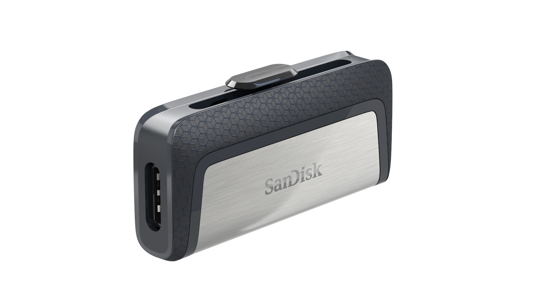 Silberner und schwarzer USB-Stick. Text: SanDisk. Schwarzes und graues Design mit einem verschiebbaren Anschluss.