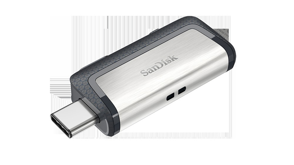 Sandisk USB-C-Flash-Laufwerk, silber und schwarz, mit Anschluss.
