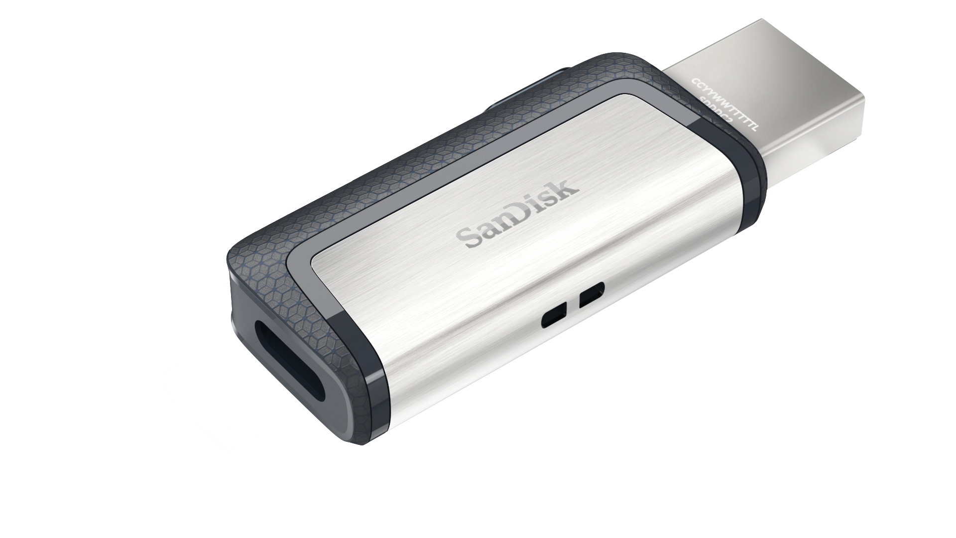 Silberner und schwarzer Sandisk USB-Stick. Der Markenname ist sichtbar. Weißer Hintergrund. Winkelansicht.