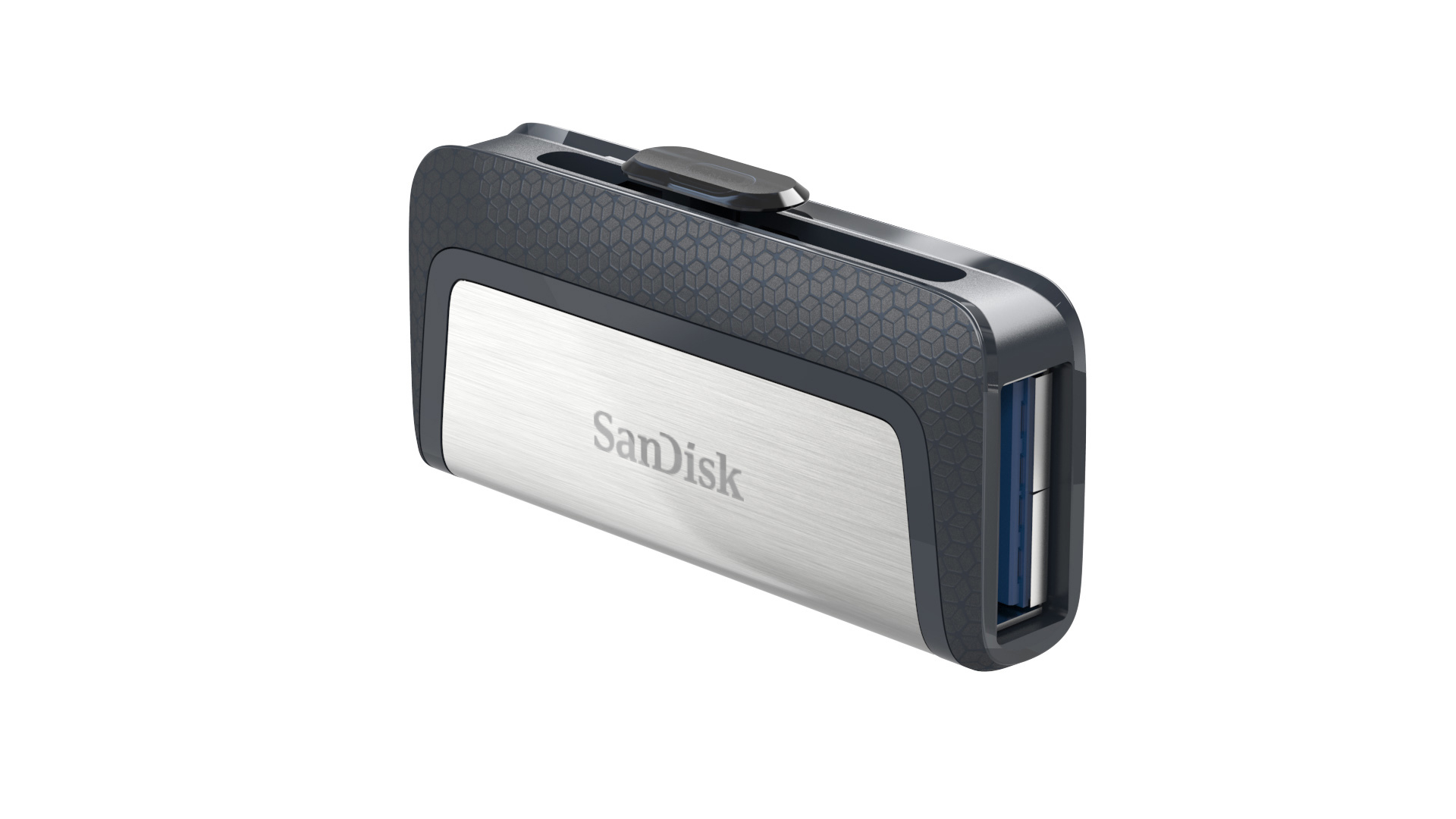 Silberner und dunkelgrauer SanDisk USB-Stick. Der Markenname ist auf der Vorderseite sichtbar.