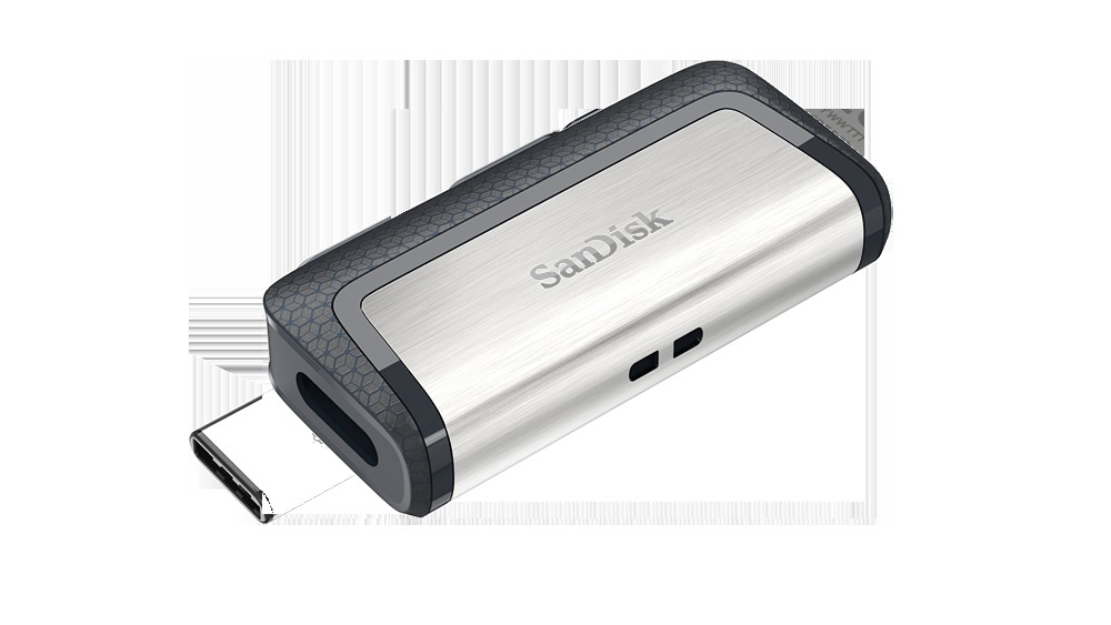 Sandisk USB-C-Laufwerk: ein silbernes und graues Metall-Laufwerk mit USB-C-Anschluss.