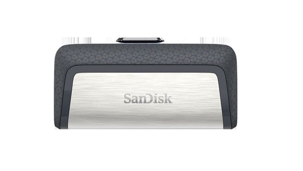 Eine silberne und schwarze SanDisk externe Festplatte auf weißem Grund.