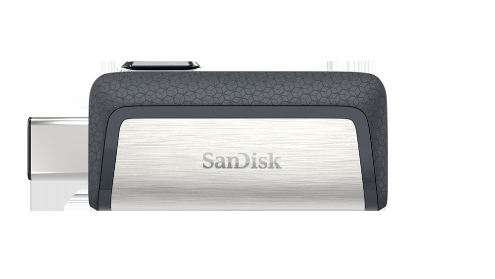 Dual-USB-Laufwerk, metallisch silber und dunkelgrau, mit SanDisk-Logo.