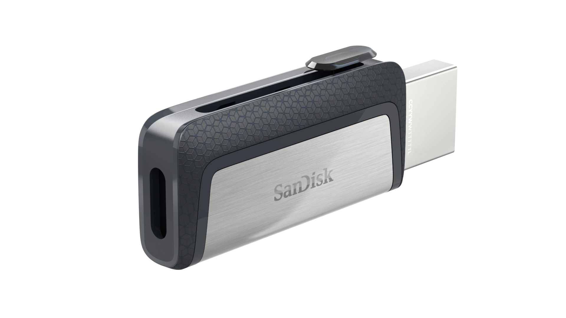 Ein silberner und schwarzer USB-Stick mit Sandisk-Logo, der auf einer weißen Oberfläche liegt.