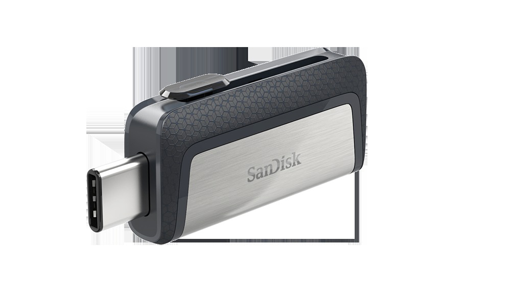 Ein SanDisk Dual Drive USB-C-Flash-Laufwerk, silber und schwarz, auf weißem Hintergrund.