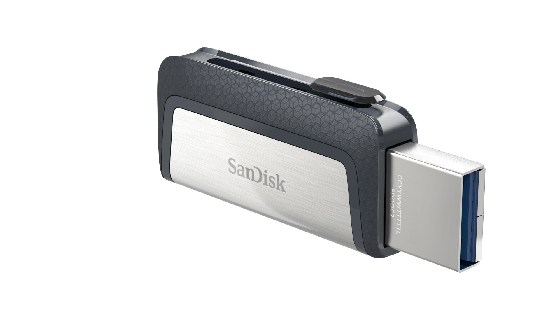 Silberner und schwarzer SanDisk USB-Stick. Der USB-Stick ist eingesteckt. Weißer Hintergrund.