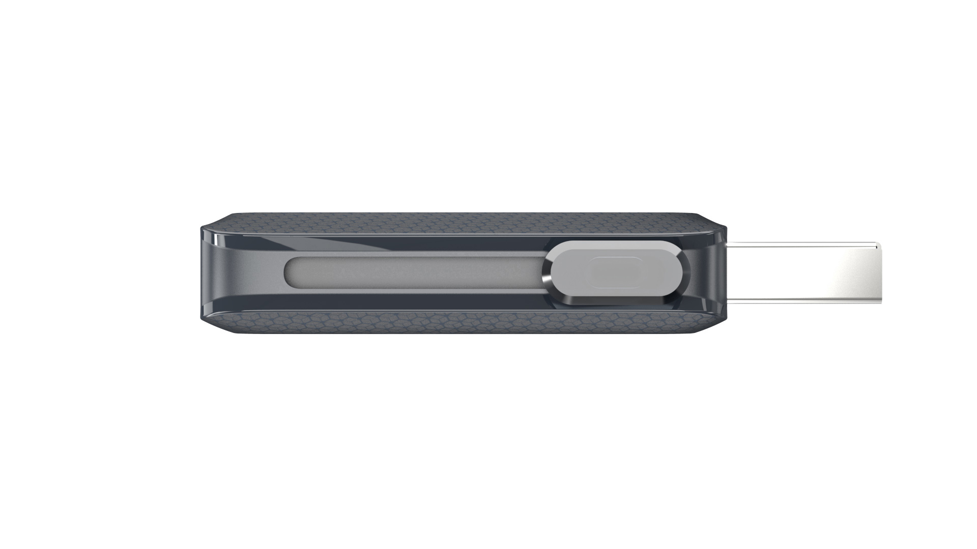 Ein silbernes USB-Laufwerk mit Schiebemechanismus; der Körper hat ein sechseckiges Muster.