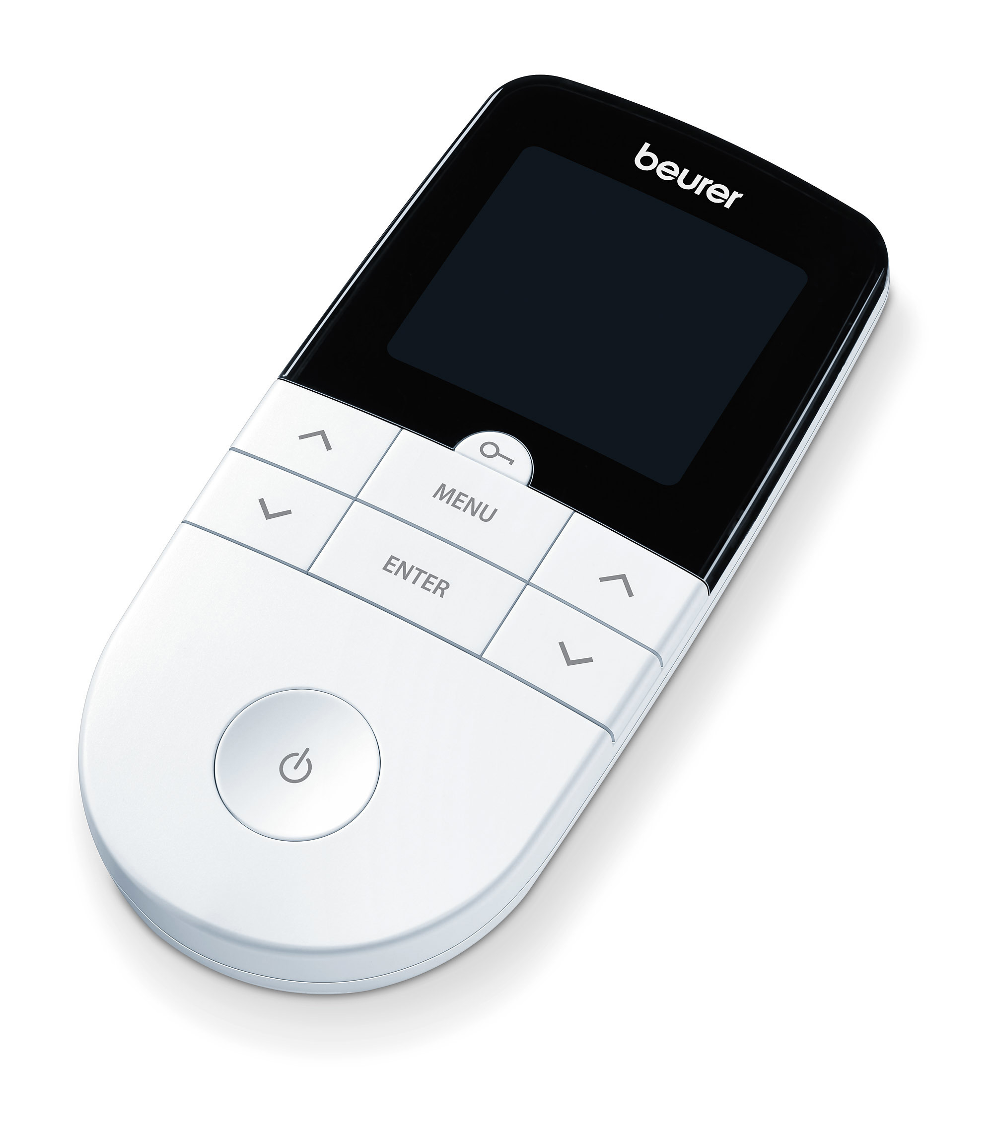 Une télécommande blanche et noire avec des boutons et un écran. La marque beurer est visible.