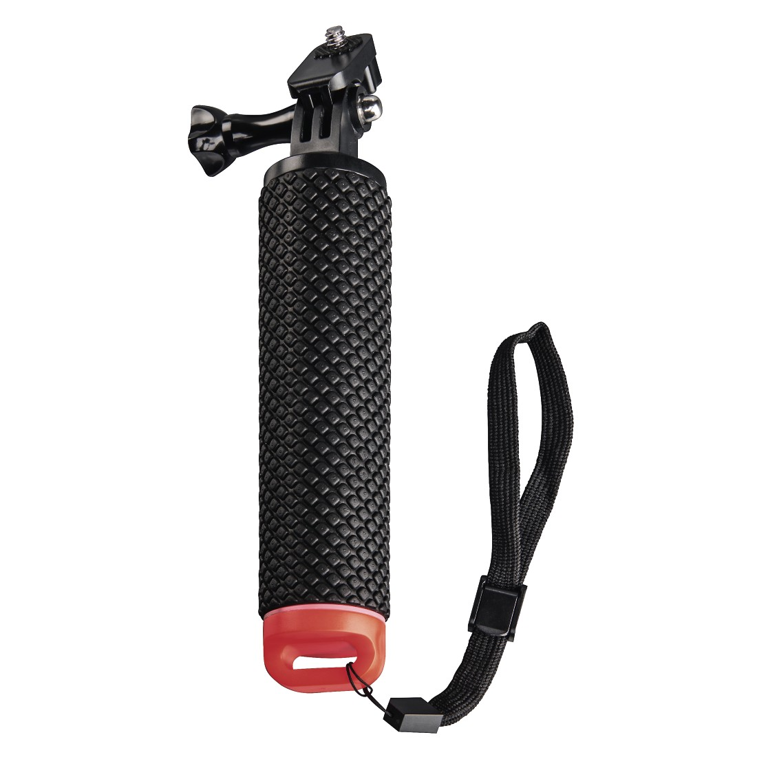 Schwarzer GoPro-Handgriff mit Handschlaufe und rotem Akzent.