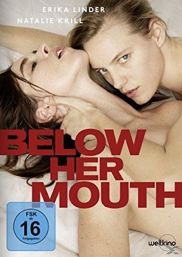 DVD-Cover: Zwei Frauen umarmen sich, Text: Below Her Mouth, mit einem Bewertungssymbol.