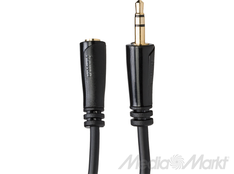 Fekete 3,5 mm-es audiokábel. Arany csatlakozók. Közelkép fekete háttérrel.