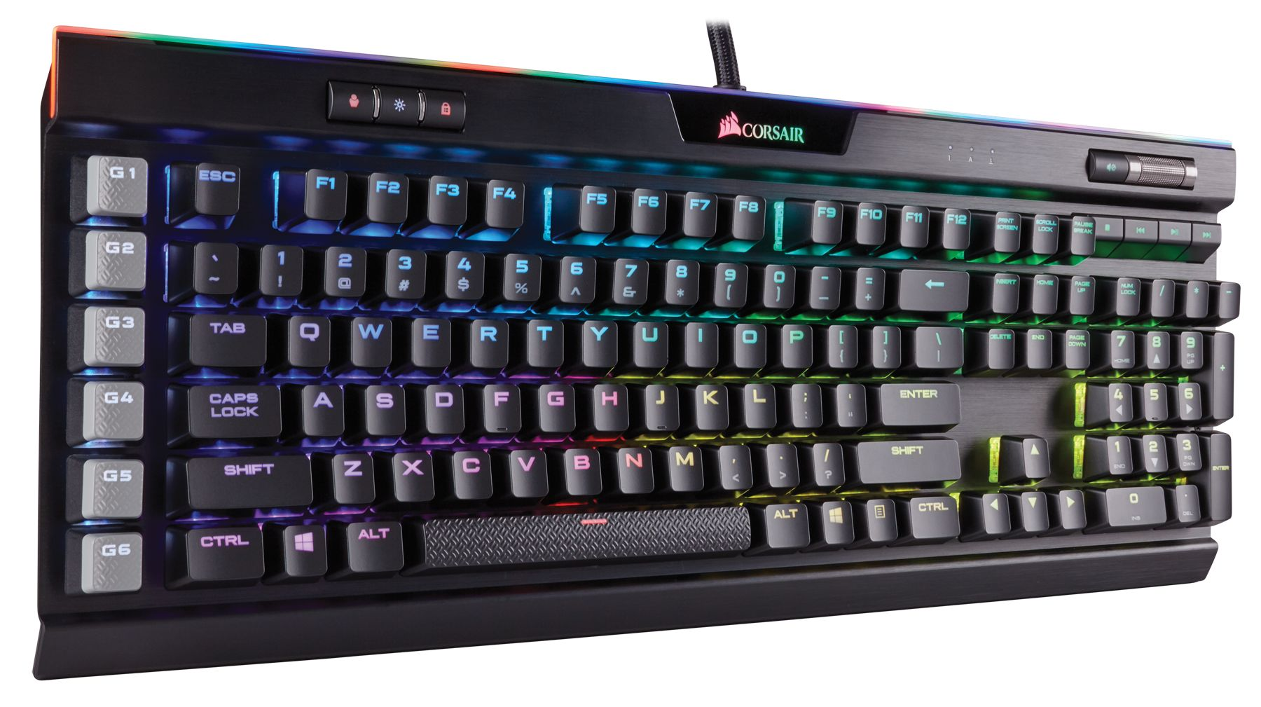 Zwart Corsair toetsenbord met RGB-verlichting. Zwarte toetsen en grijze functietoetsen.