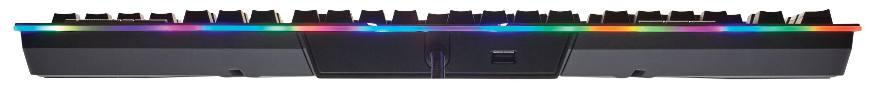 Zwart mechanisch toetsenbord met RGB-verlichting. Inclusief USB-poort. Witte achtergrond.